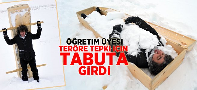 Teröre tepki için kar üzerinde tabuta girdi