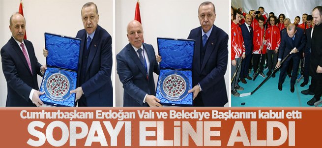 Erdoğan buz hokeyi sopası ile vuruş yaptı